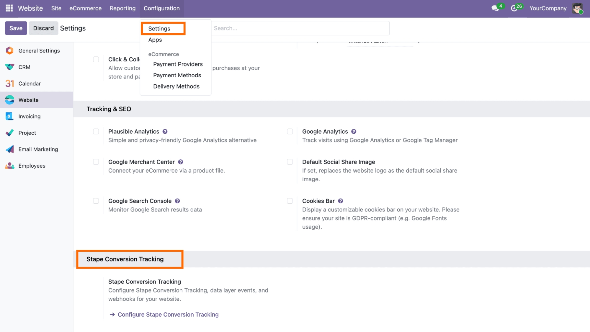 Then click on Configuration → Settings → scroll to find Stape Conversion Tracking app → click Configure Stape Conversion Tracking.