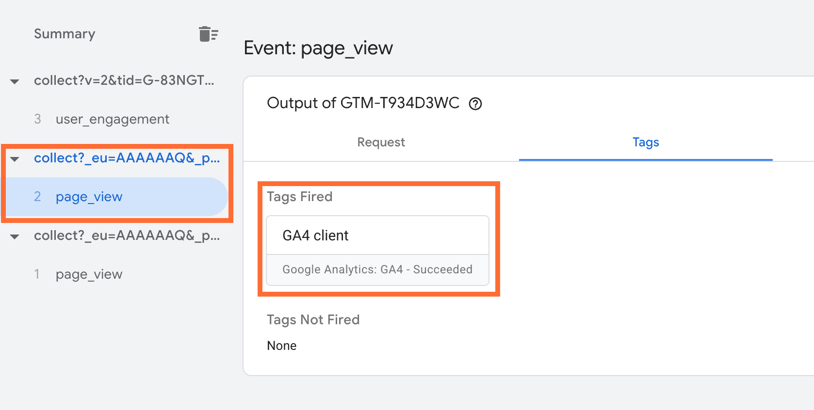 Click on the page_view event and on the fired tag