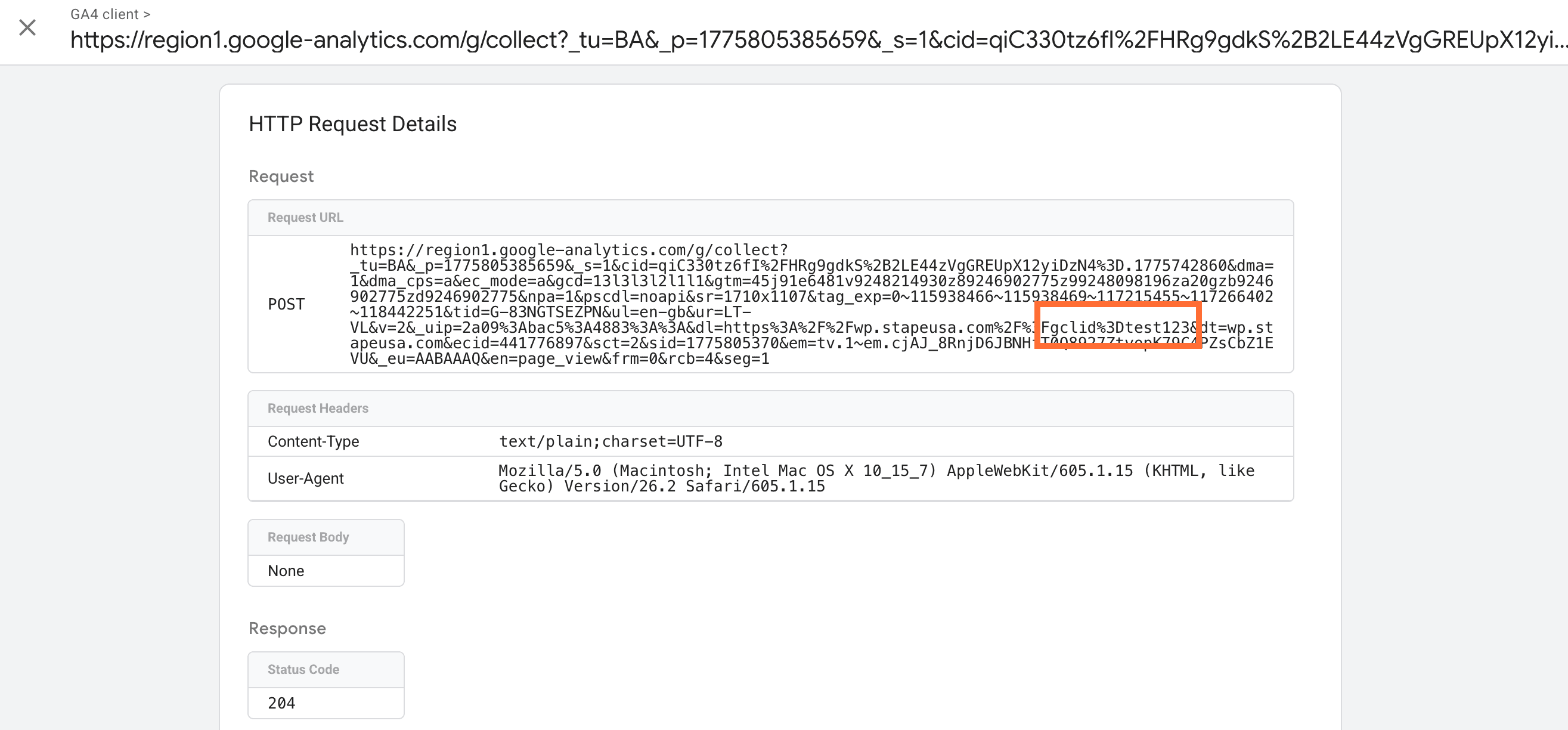 In the Request URL you should see gclid=test123