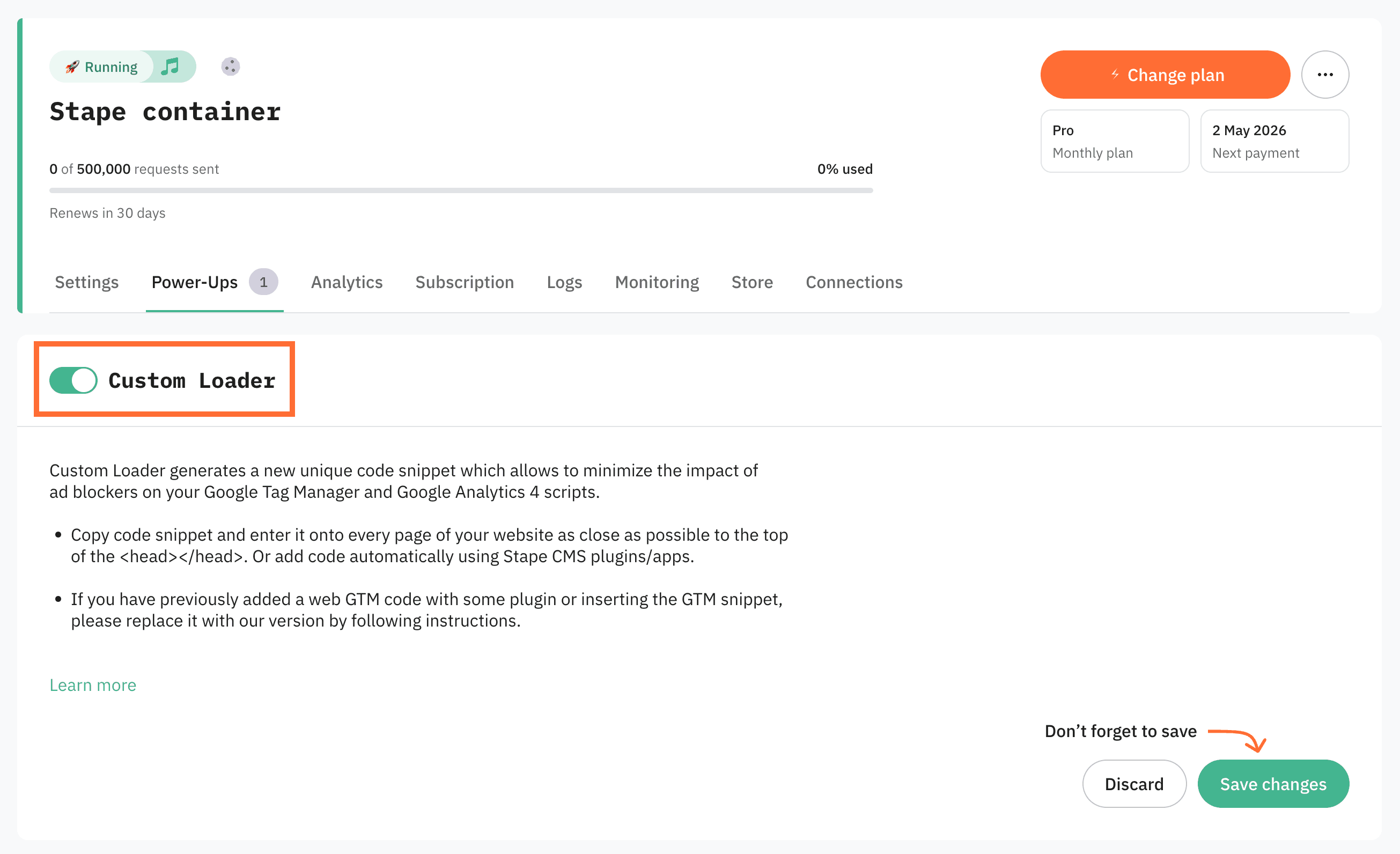 Toggle the Custom Loader switch to enable it and click Save changes