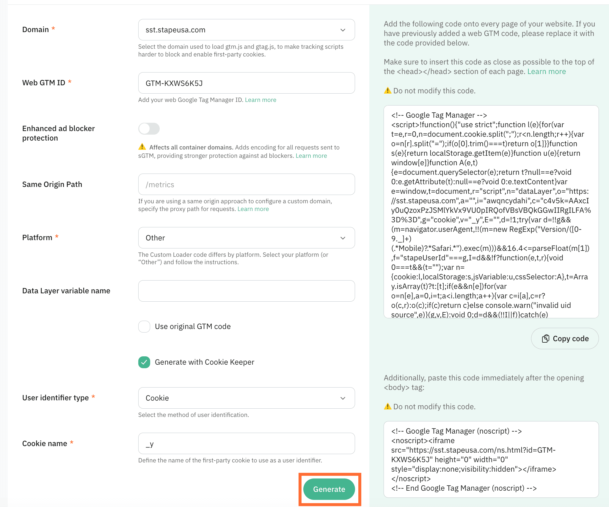 Select your platform and click Generate