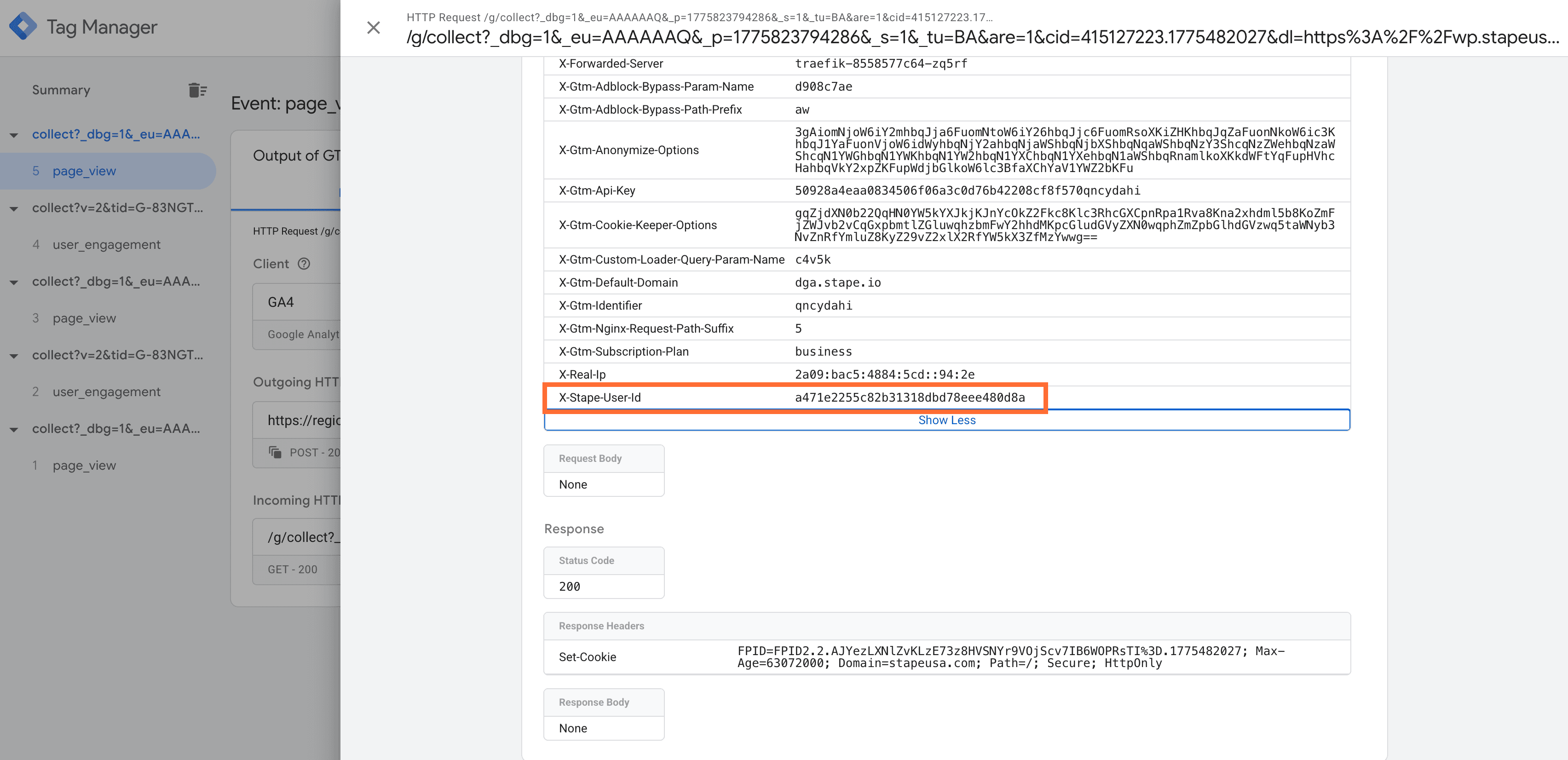 You should see X-Stape-User-Id listed under Request Headers