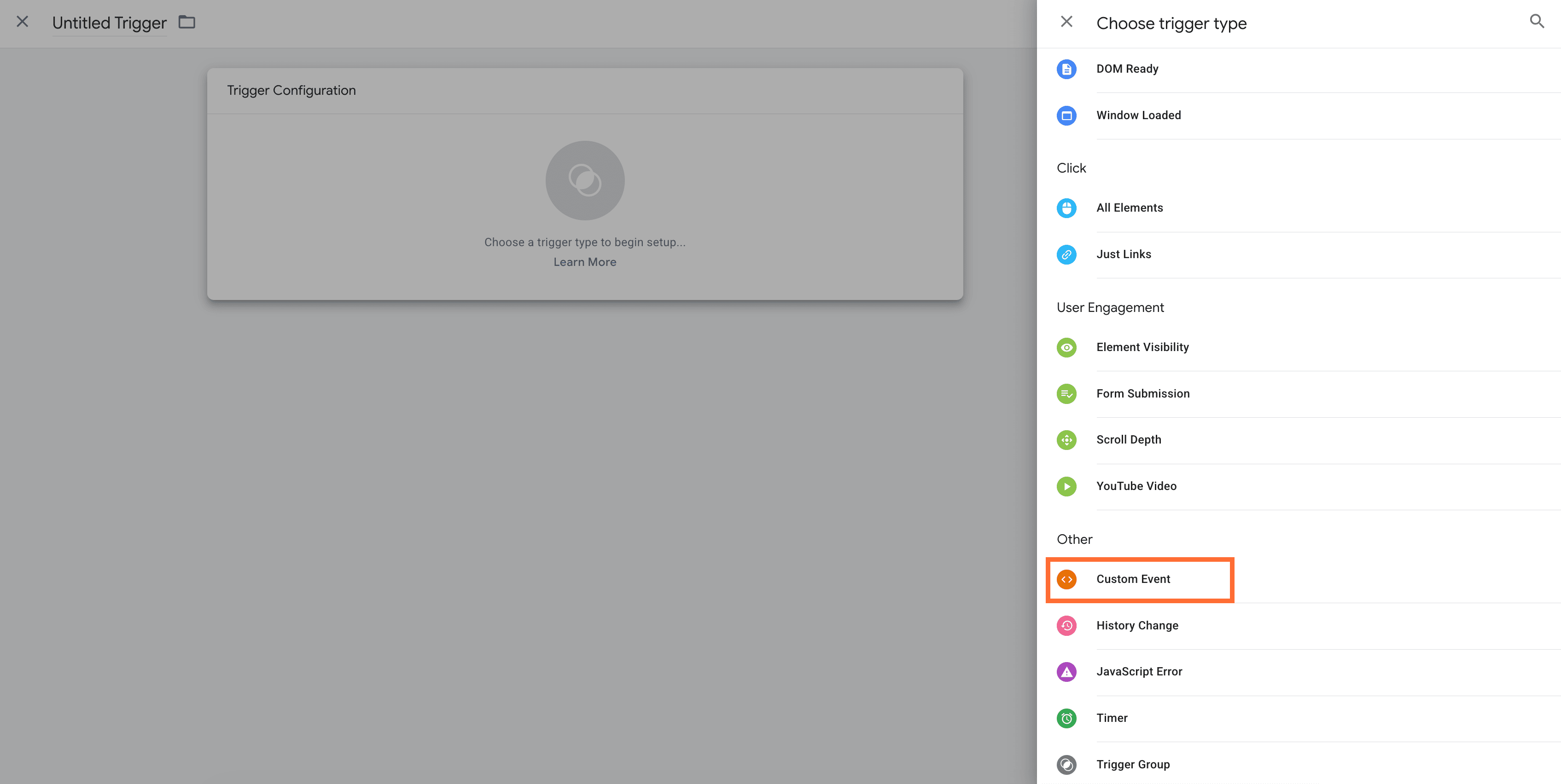 Choose Custom Event as a trigger type