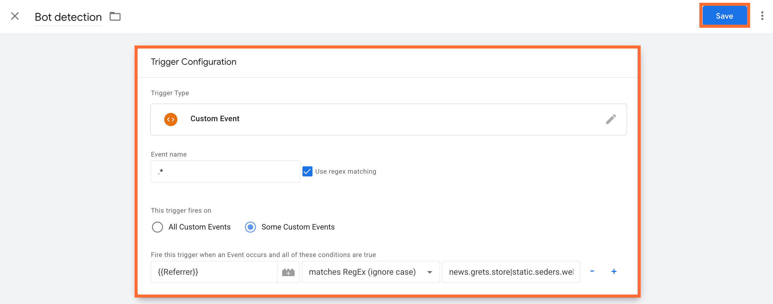 Under This trigger fires on, select Some Custom Events 