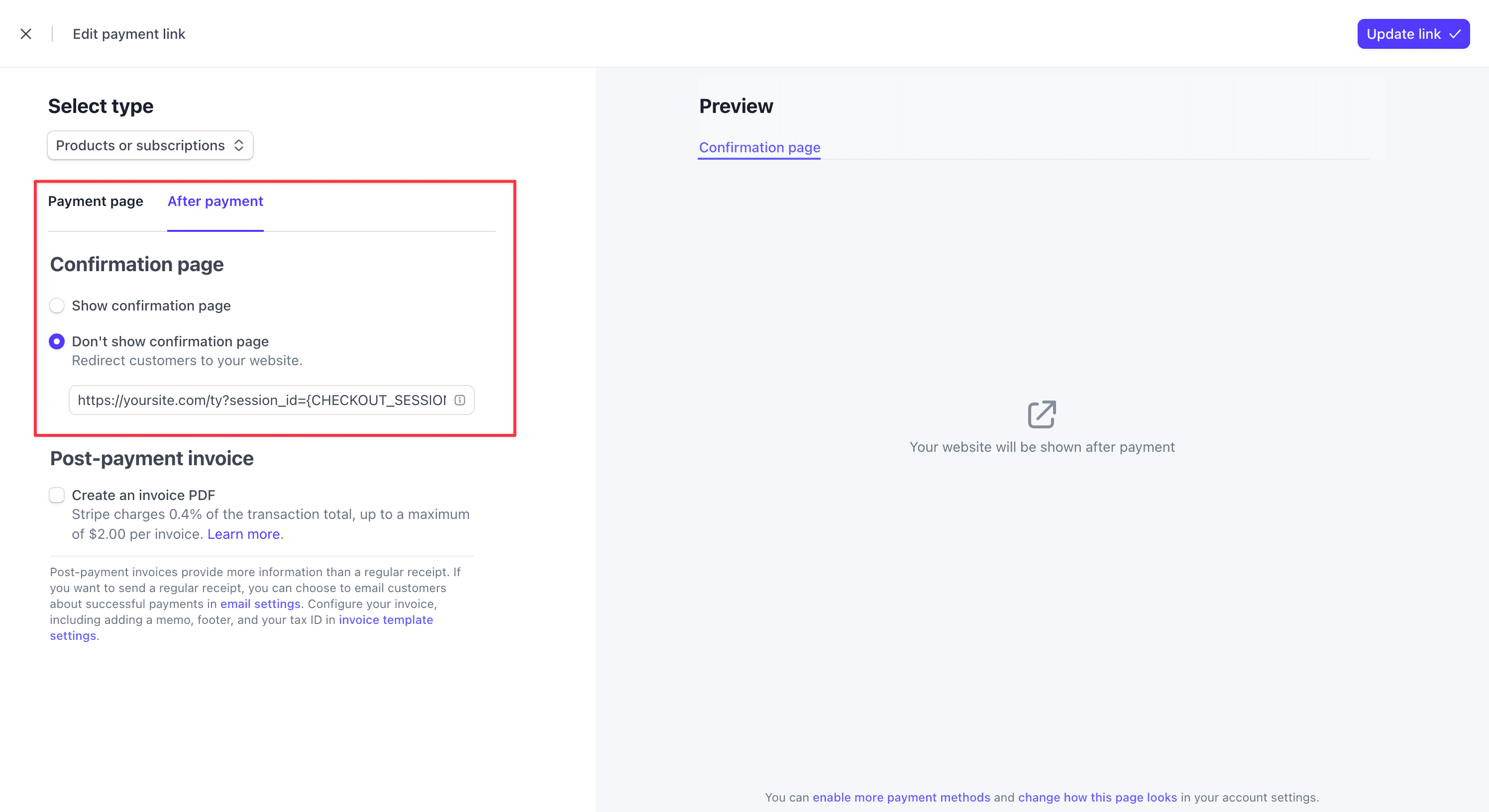 Stripe automatically replaces the placeholder with the actual session ID.