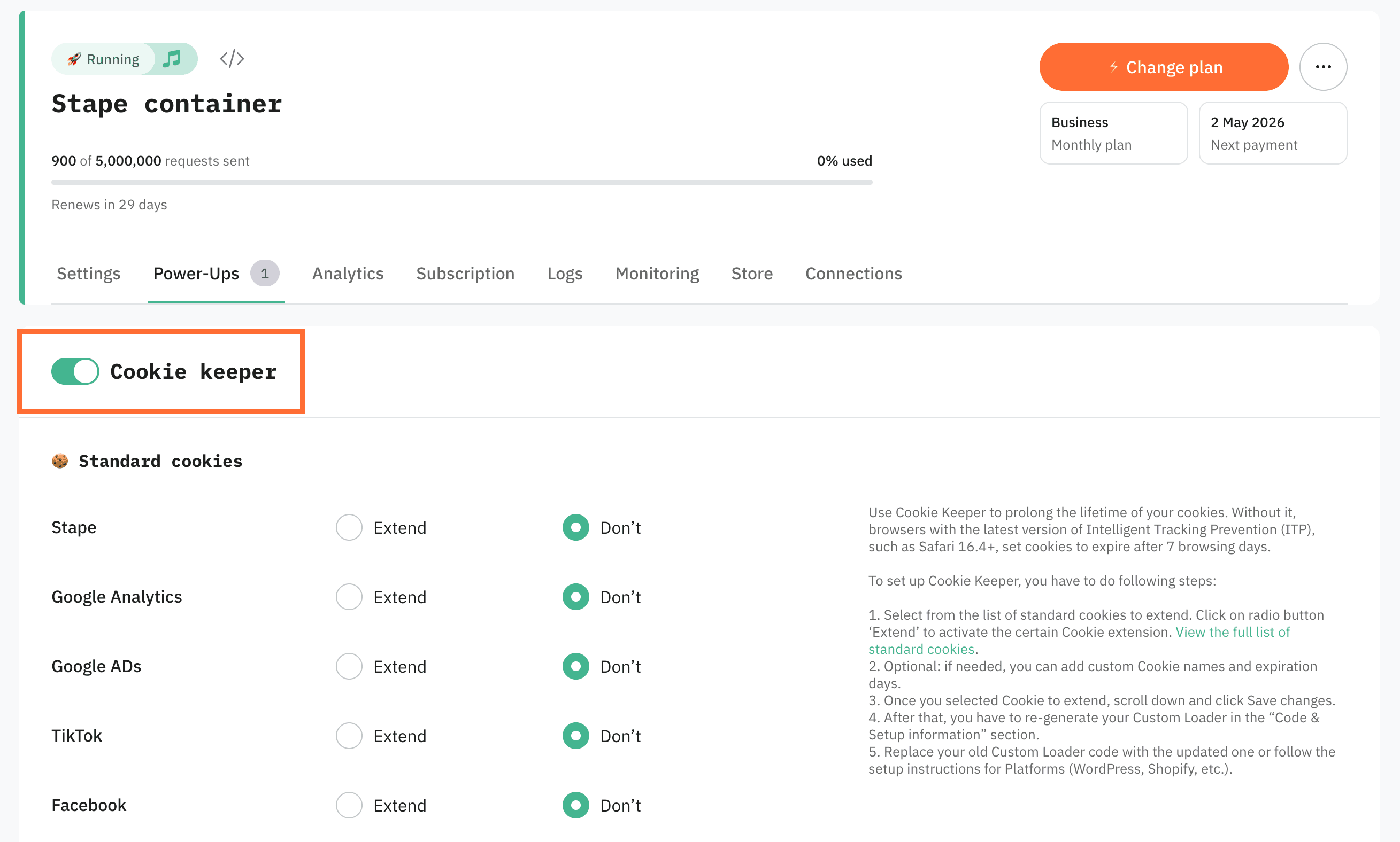 Toggle the Cookie Keeper switch to enable it.