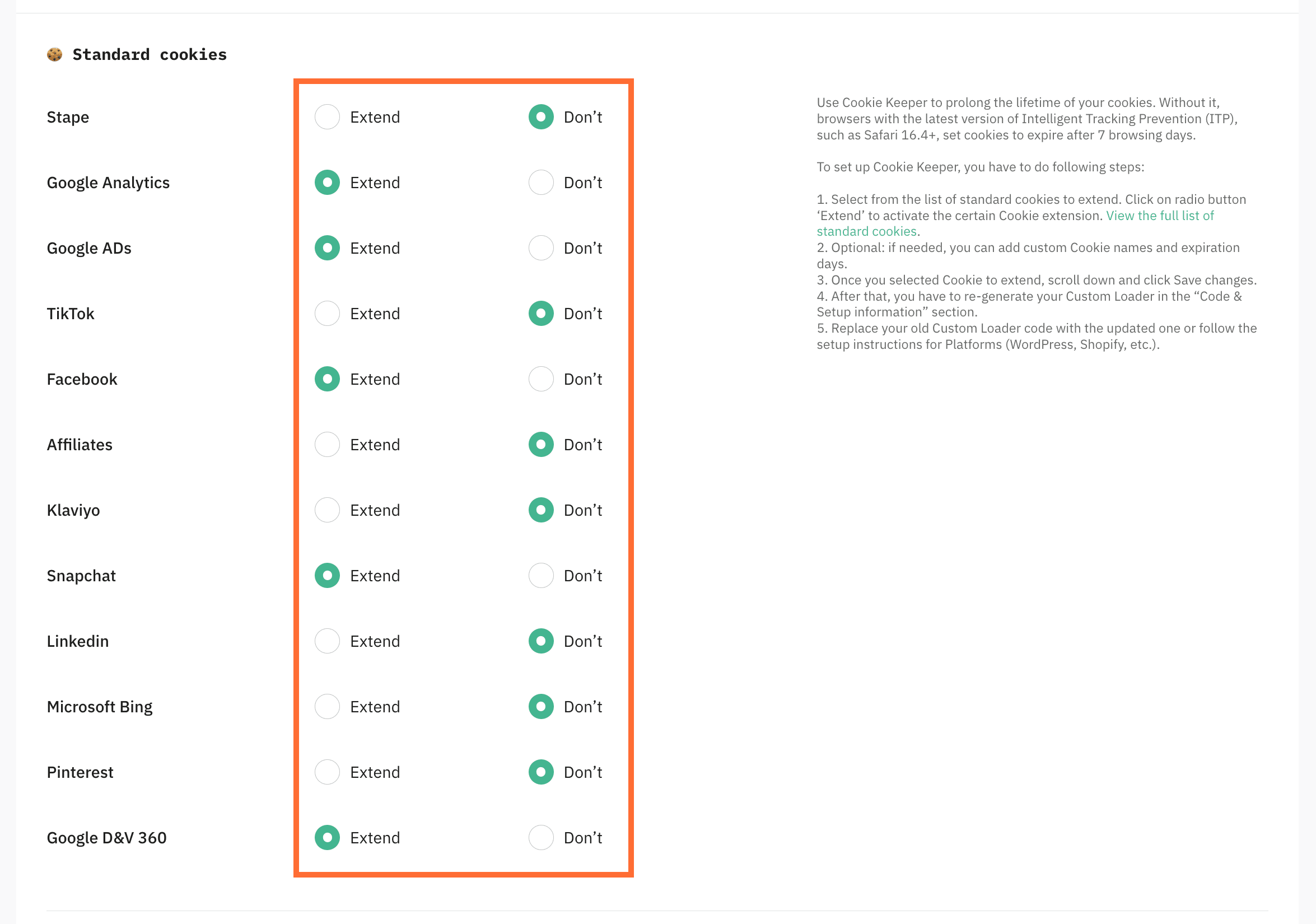 Under Standard cookies, select which cookies to extend.