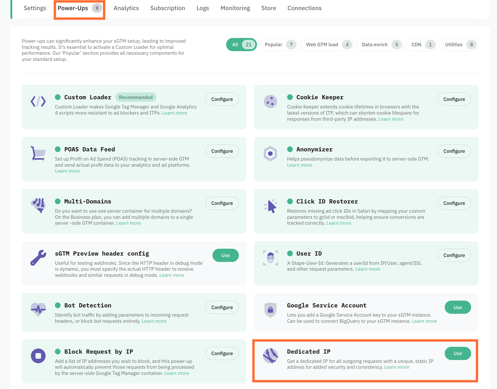 click Use next to the Dedicated IP panel