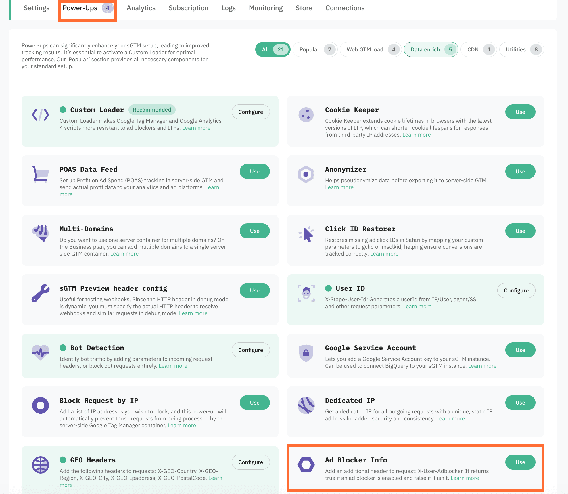 click Use next to the Ad Blocker Info panel