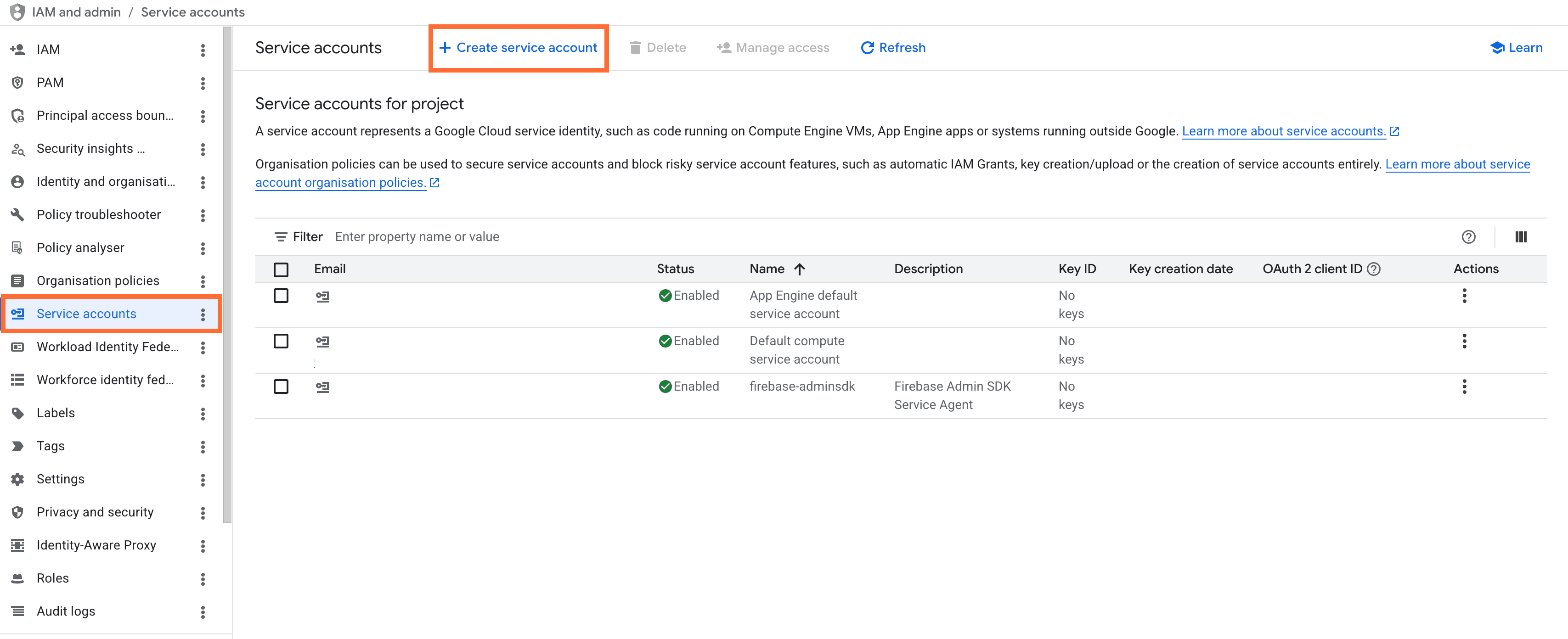 Click Create service account