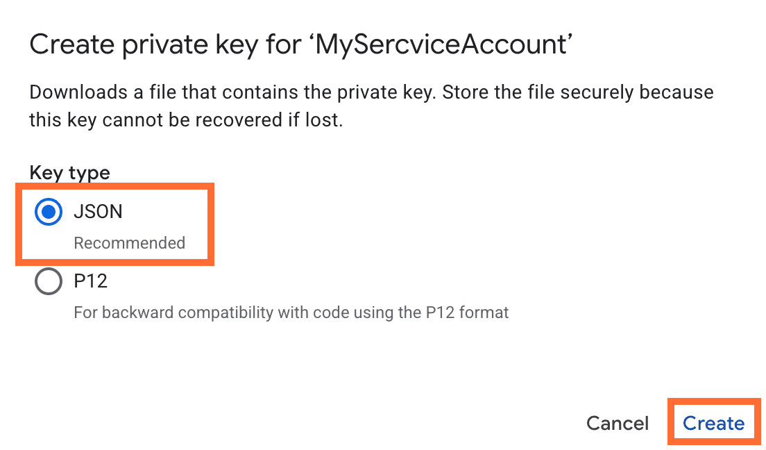 In the pop-up, select JSON and click Create