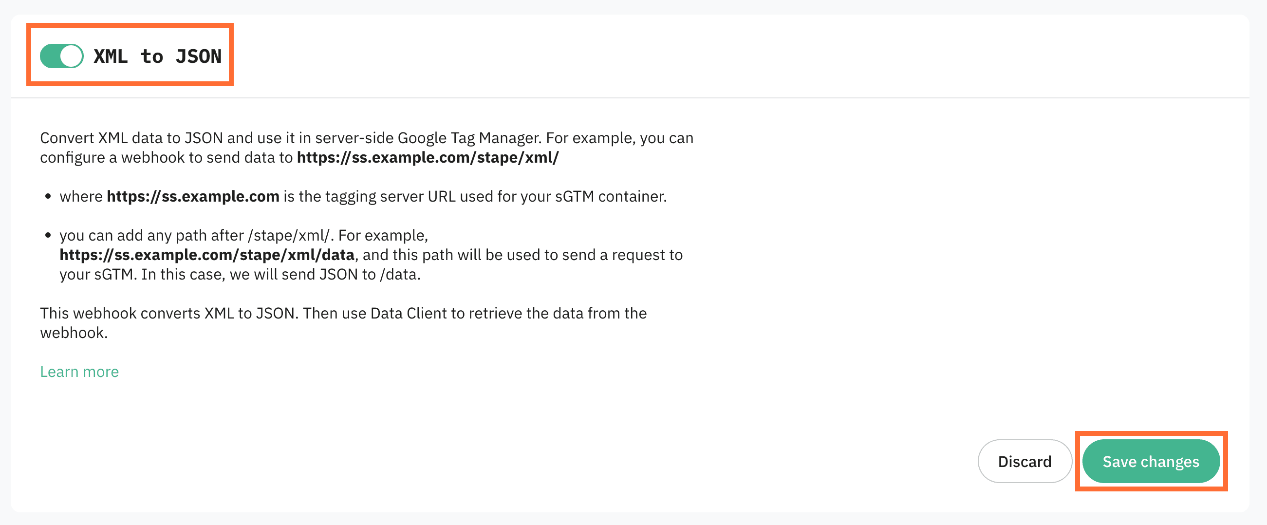 Toggle the XML to JSON switch to enable it