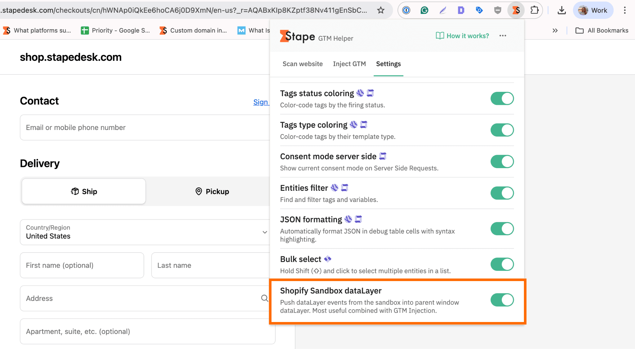 “Shopify Sandbox dataLayer” toggle