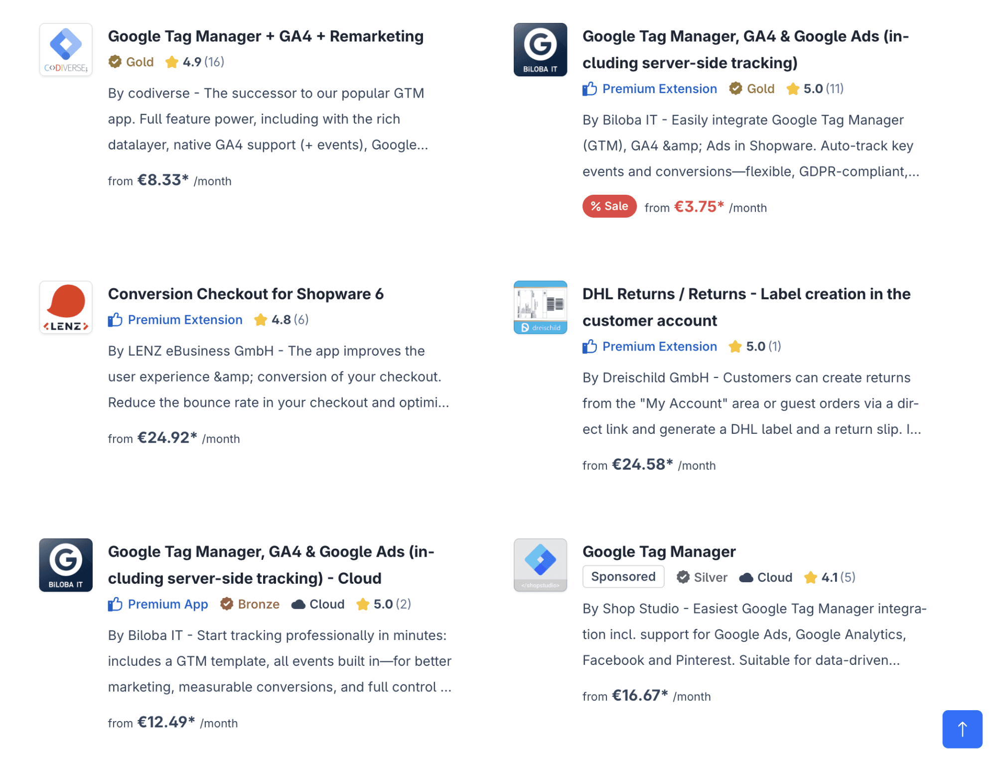 Free GTM extensions in the Shopware store