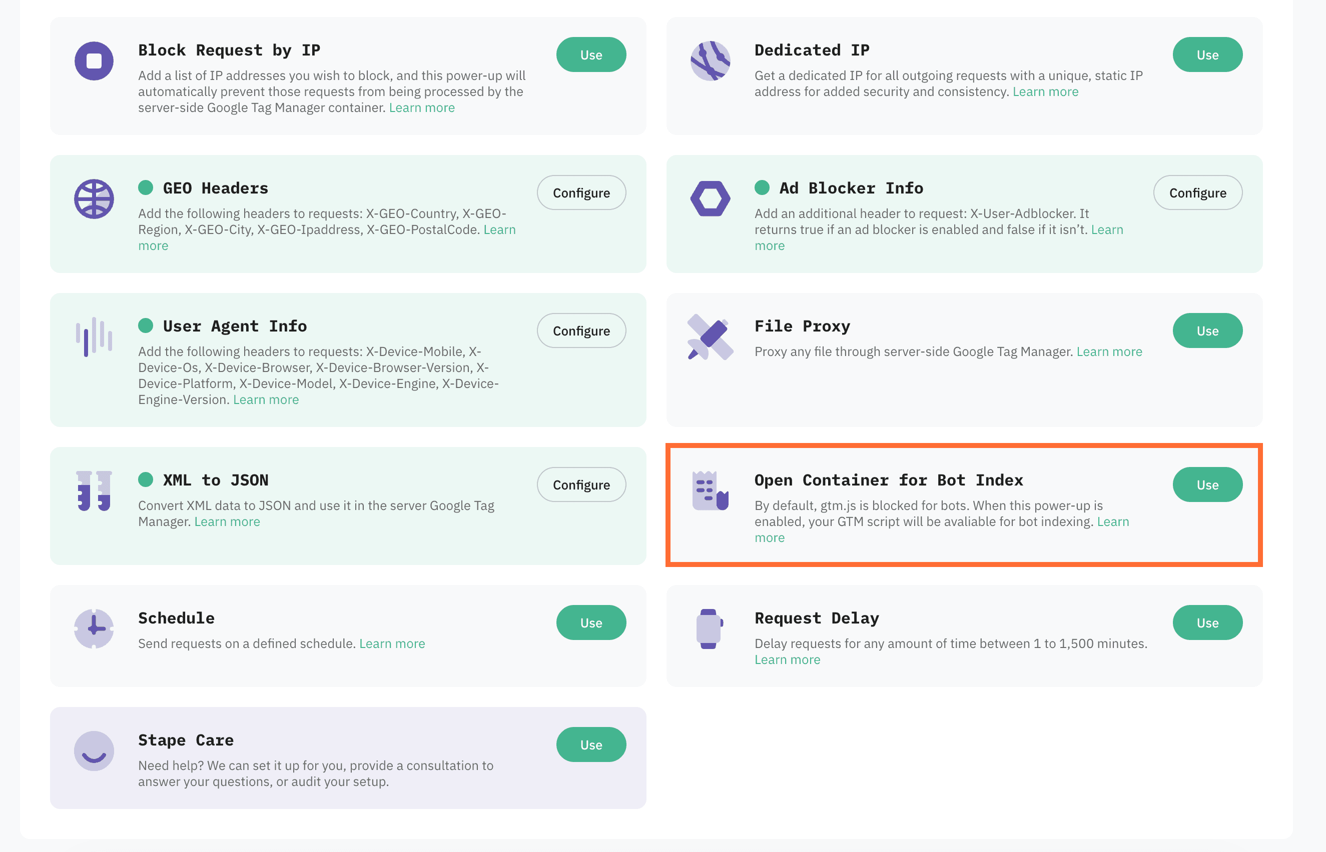 Click Use next to the Open Container for Bot Index panel.