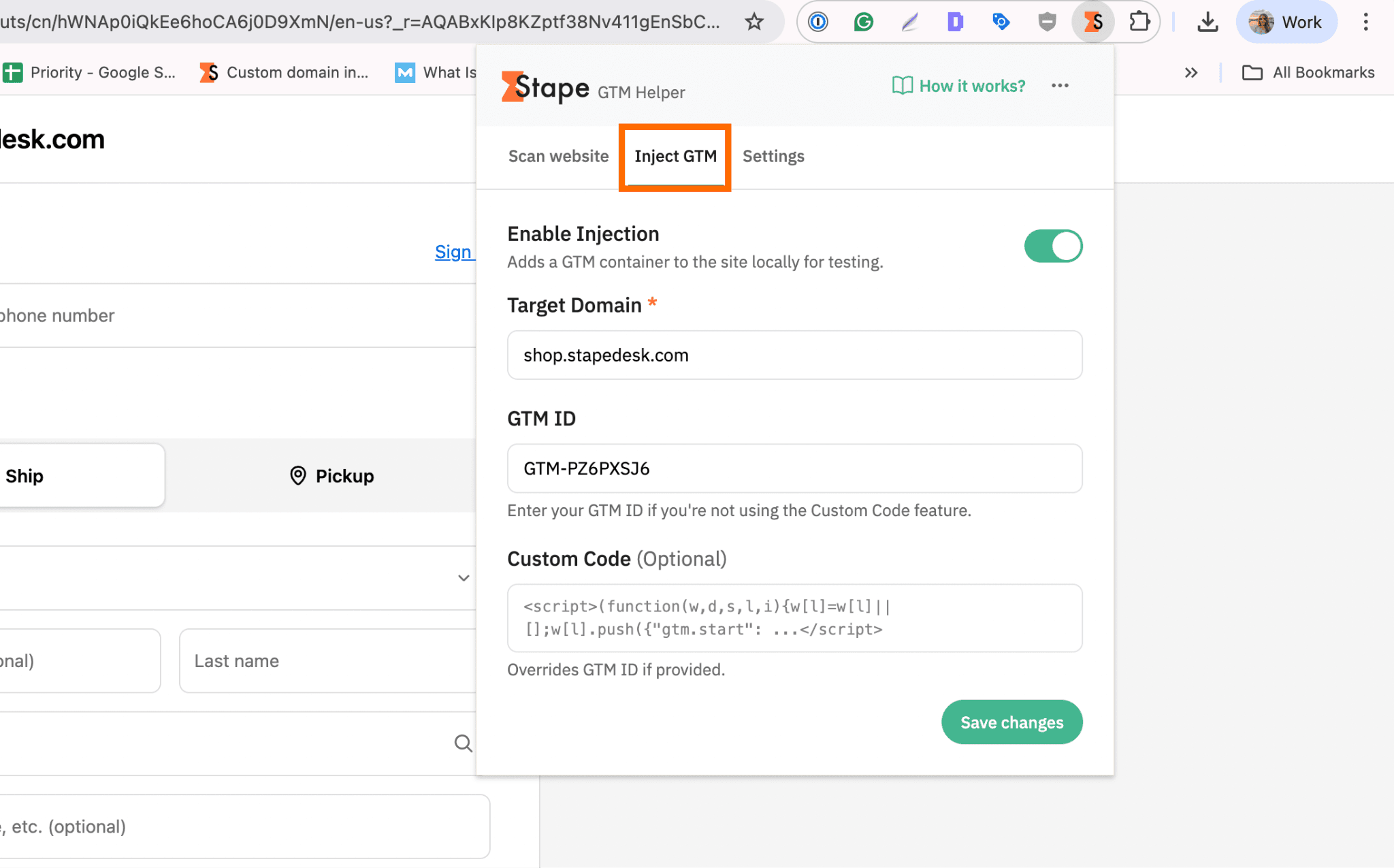 “Inject GTM” tab