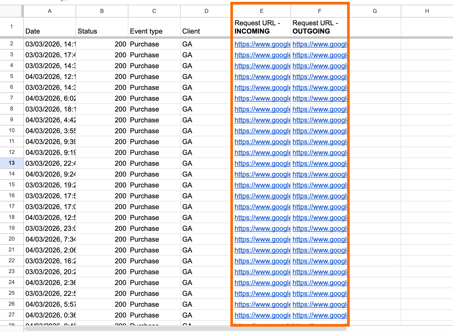 Add the URL from the Incoming and Outgoing CSV docs