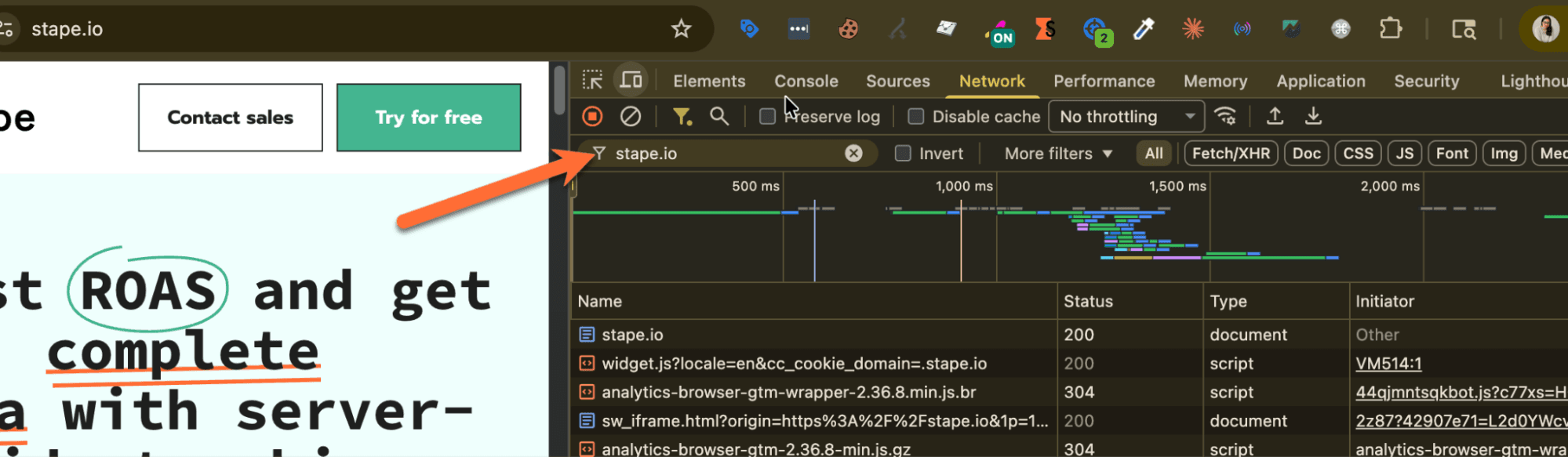 Find your site's HTML document request by searching for your domain in the filter, for example stape.io