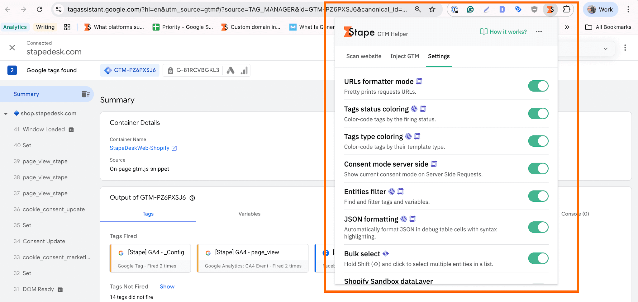 Stape Chrome extension settings