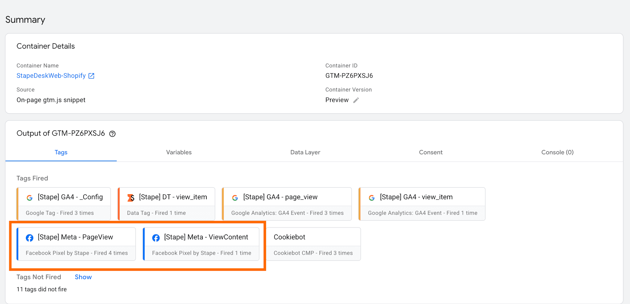 Meta tags fired in the web GTM container