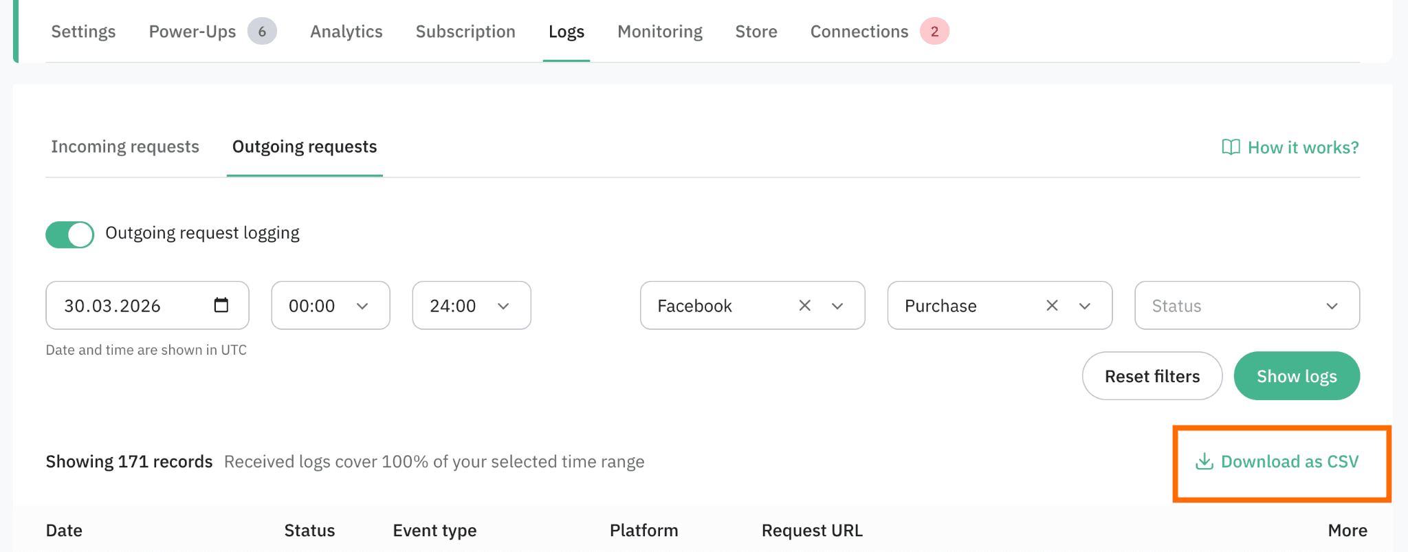 "Download as CSV" option