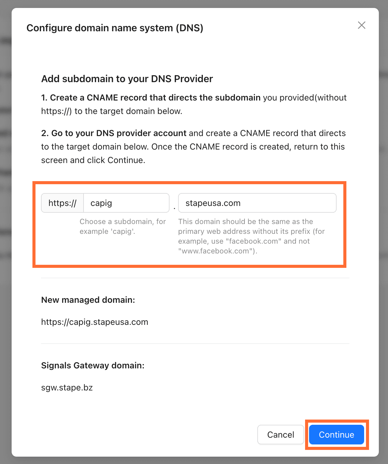 Enter your subdomain and root domain