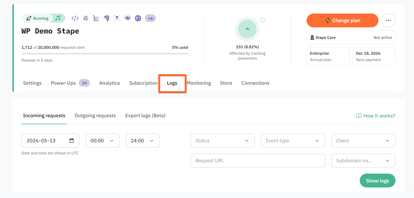 Logs feature in admin