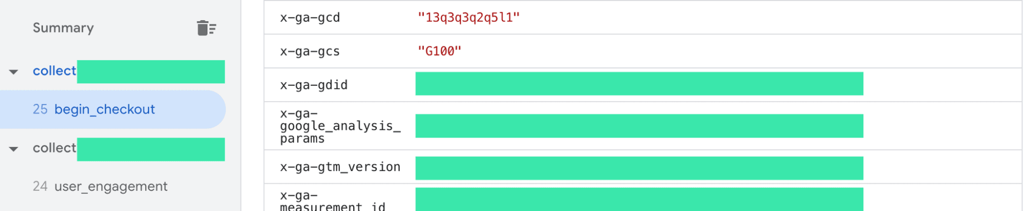Server GTM preview mode showing consent parameter stuck at denied (G100) for begin_checkout event.