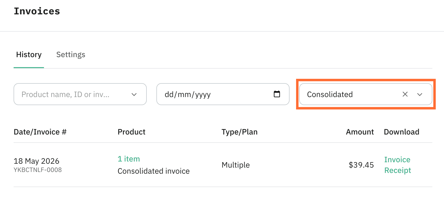 Consolidated invoices show up in the Invoices section, you need to select the Consolidated invoice type.