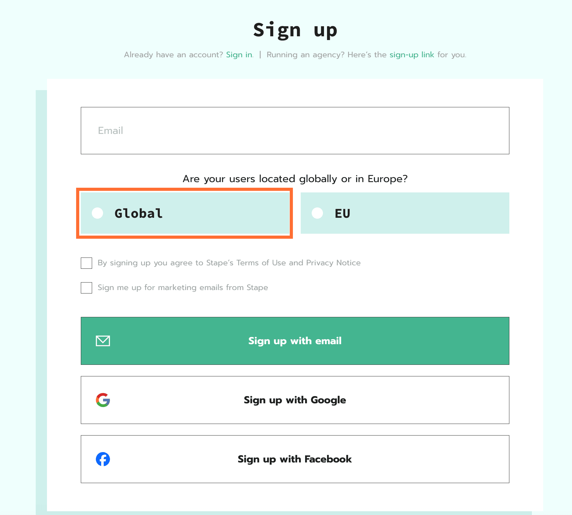 Select "Global" on the sign-up page