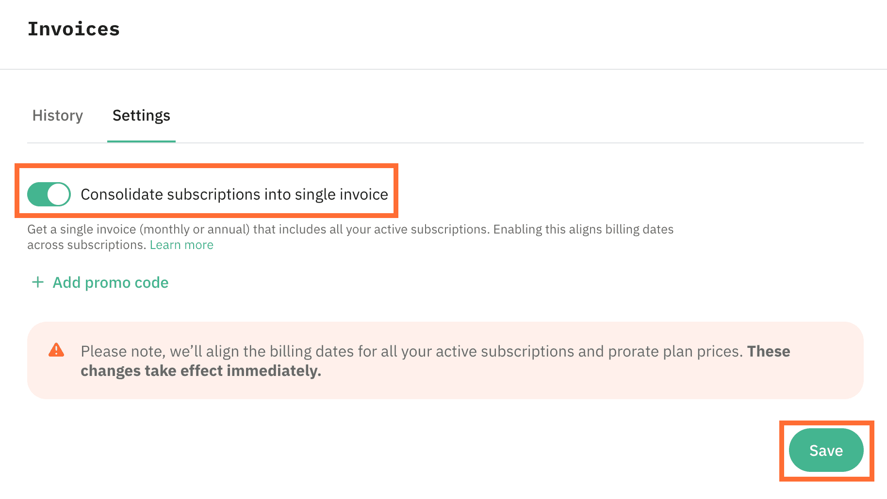 Toggle Consolidate subscriptions into single invoice on.
