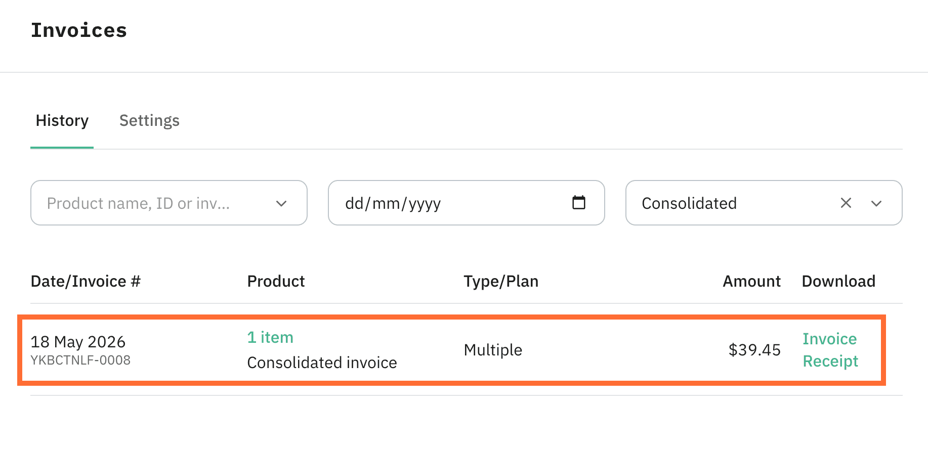 Any new subscription you add later joins the consolidated invoice automatically.