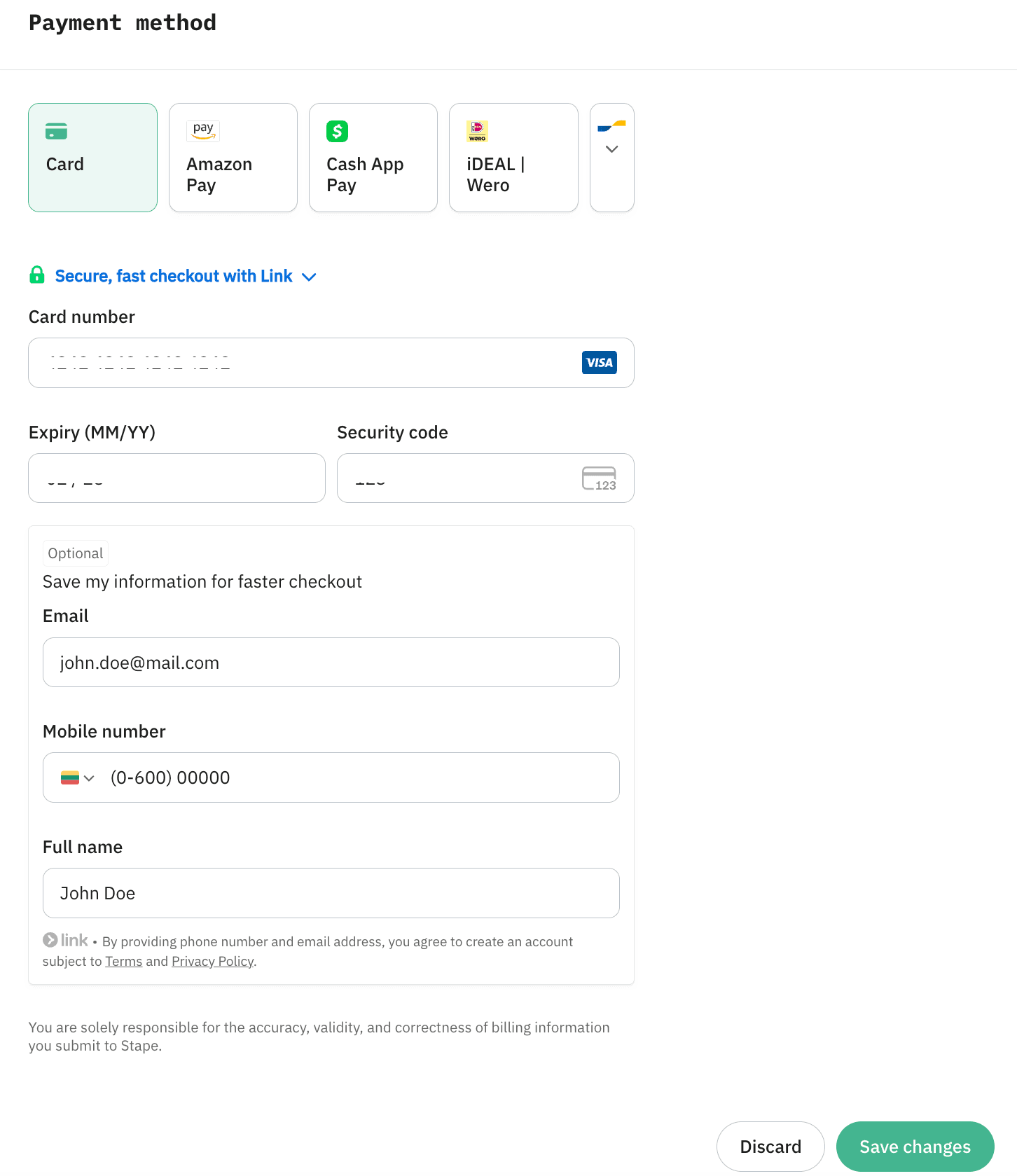 Payment method info