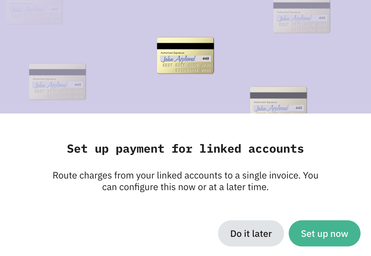 Once a billing method is saved, Stape prompts you to set up consolidated invoicing.