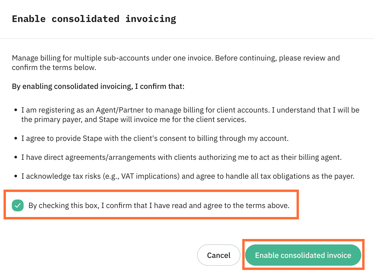 Review the terms, tick the box, and click Enable consolidated invoice.