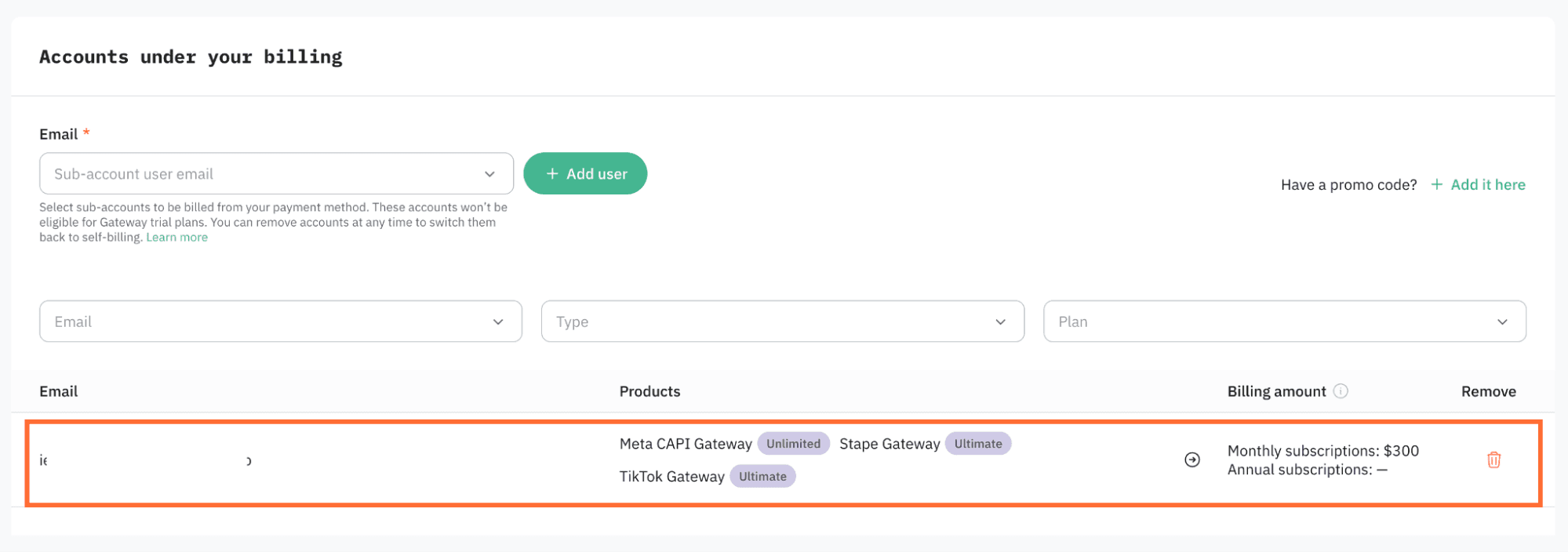 Below, you'll see a list of users already under your billing.