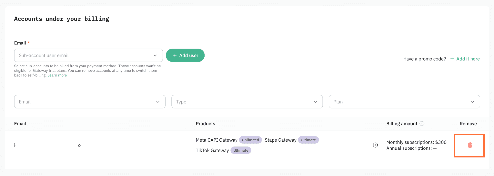 To remove a sub account, use the same menu.