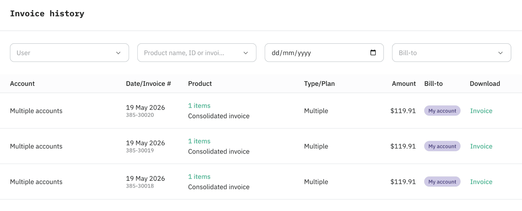 To see which subscriptions were paid through your account and which weren't, open Billing → Invoices.