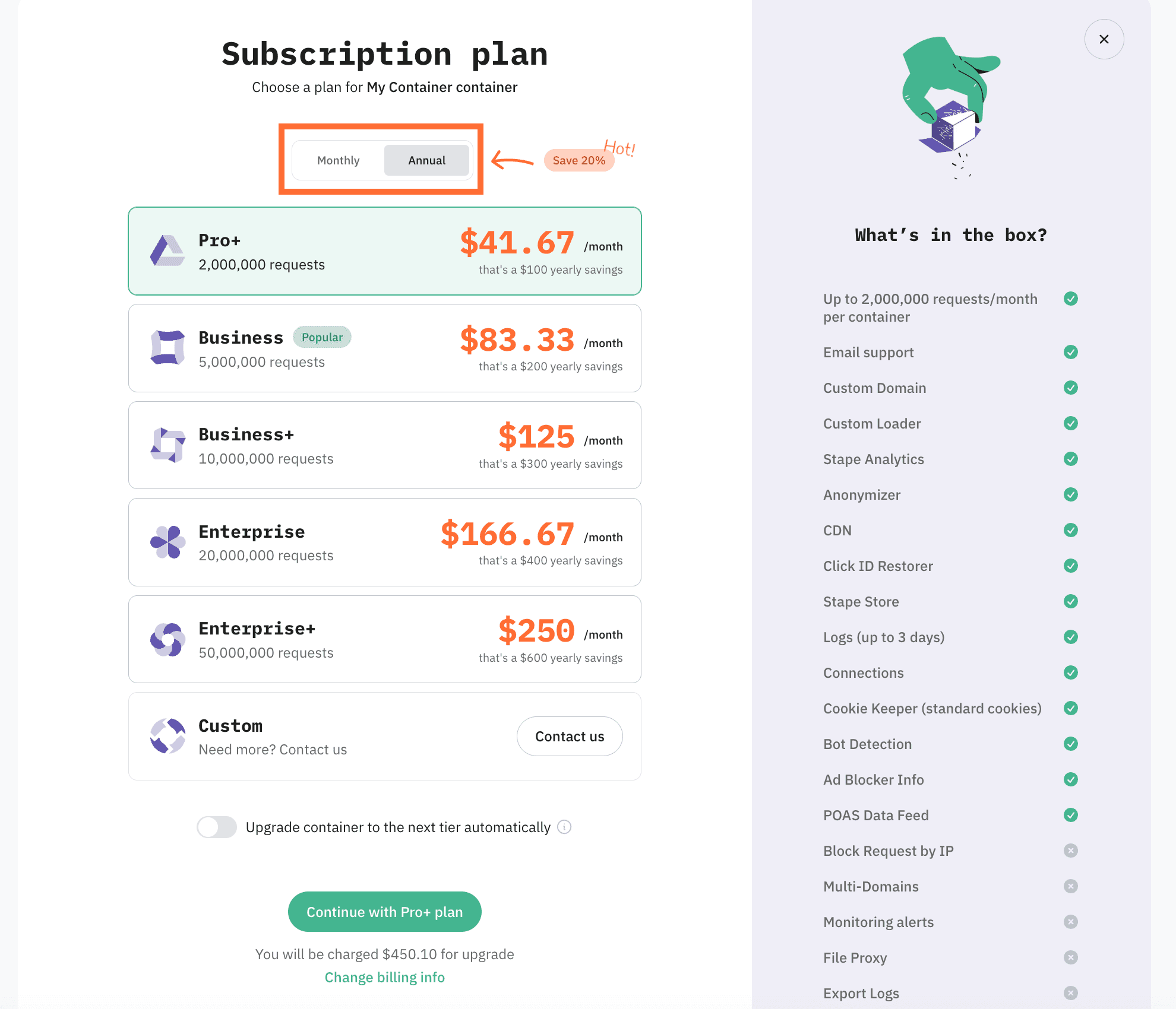 "Annual" billing selected