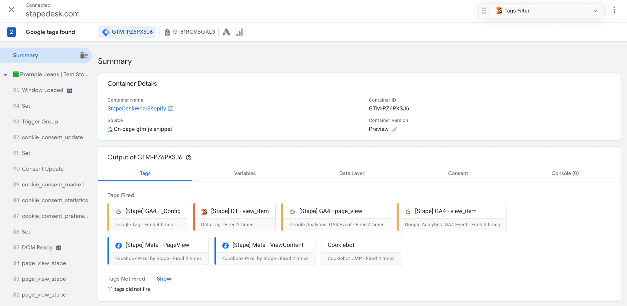 Events in the web GTM Preview mode