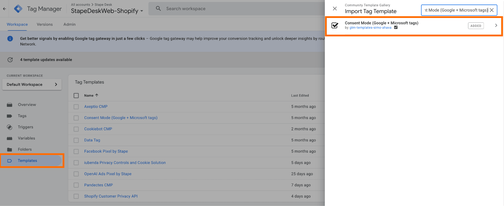Adding "Consent Mode (Google + Microsoft tags)" to workspace