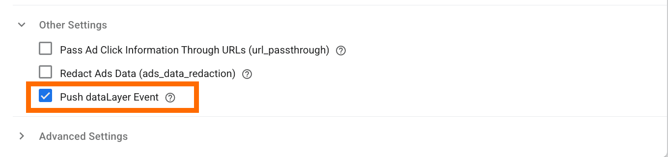 "Push dataLayer Event" checkbox