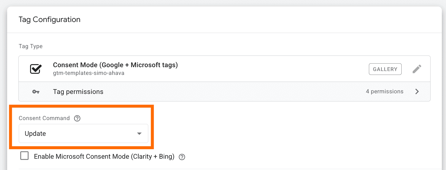 Consent Command "Update" selected