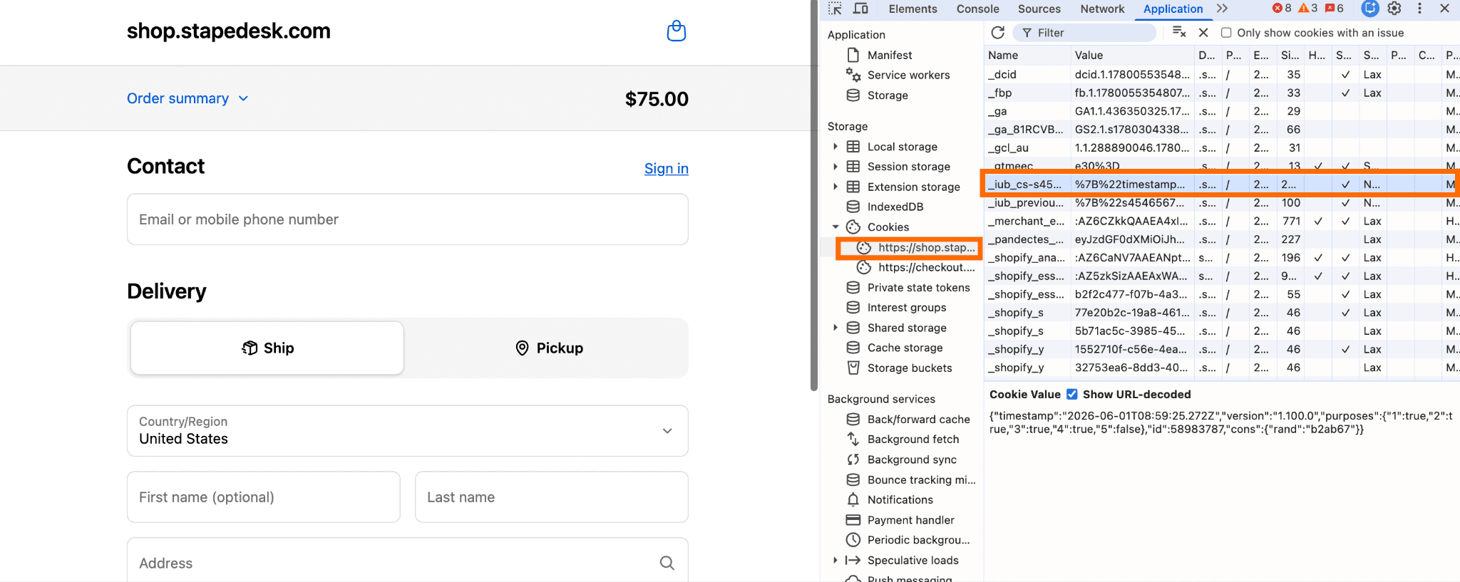 Cookie that contains the consent status in browser console