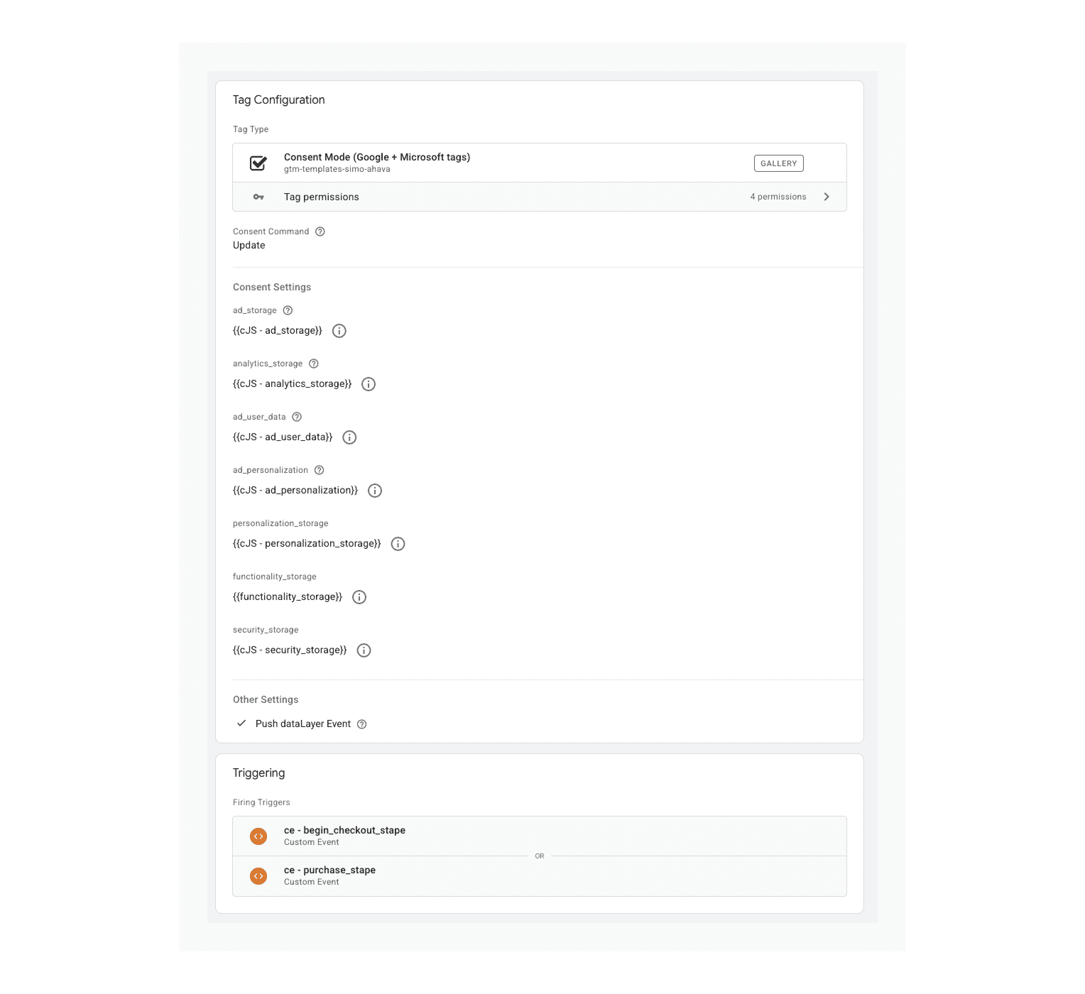 "Consent Mode (Google + Microsoft tags)" tag configuation