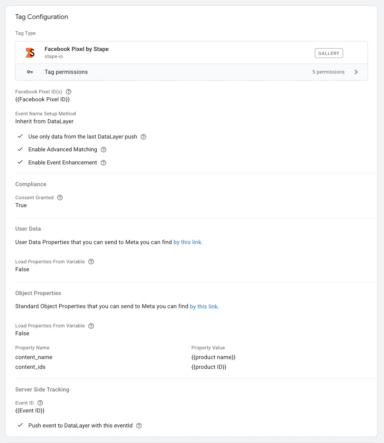 Example of Meta Pixel configuration