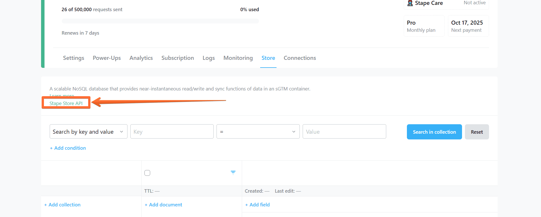 Click on Stape Store API