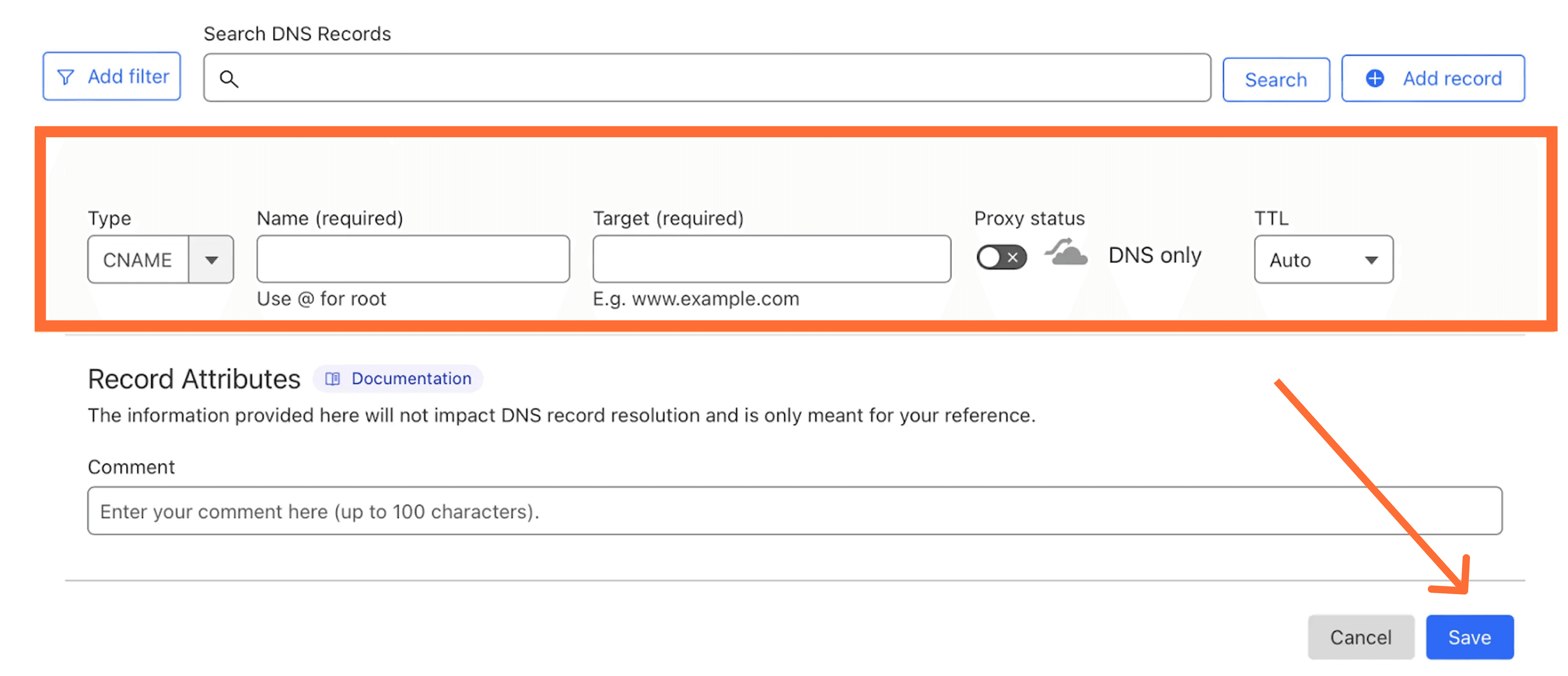Enter the DNS records
