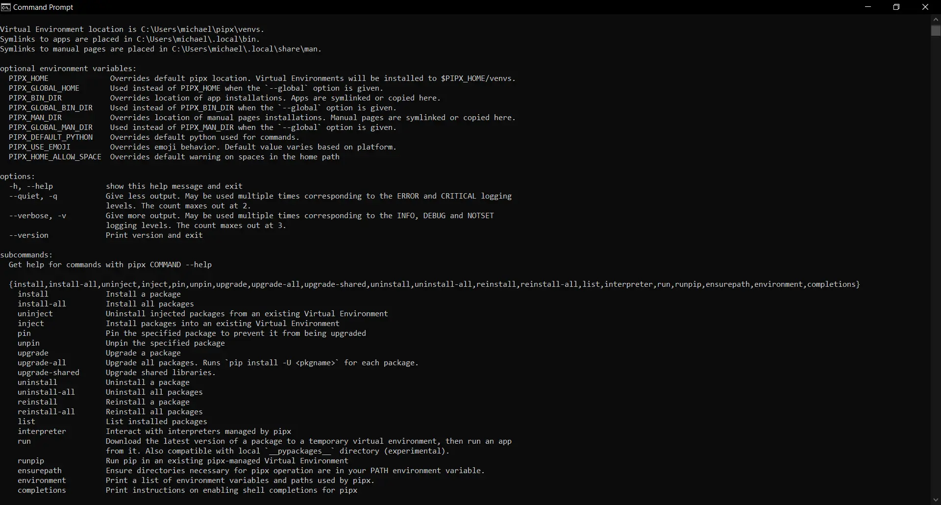 Information about pipx commands