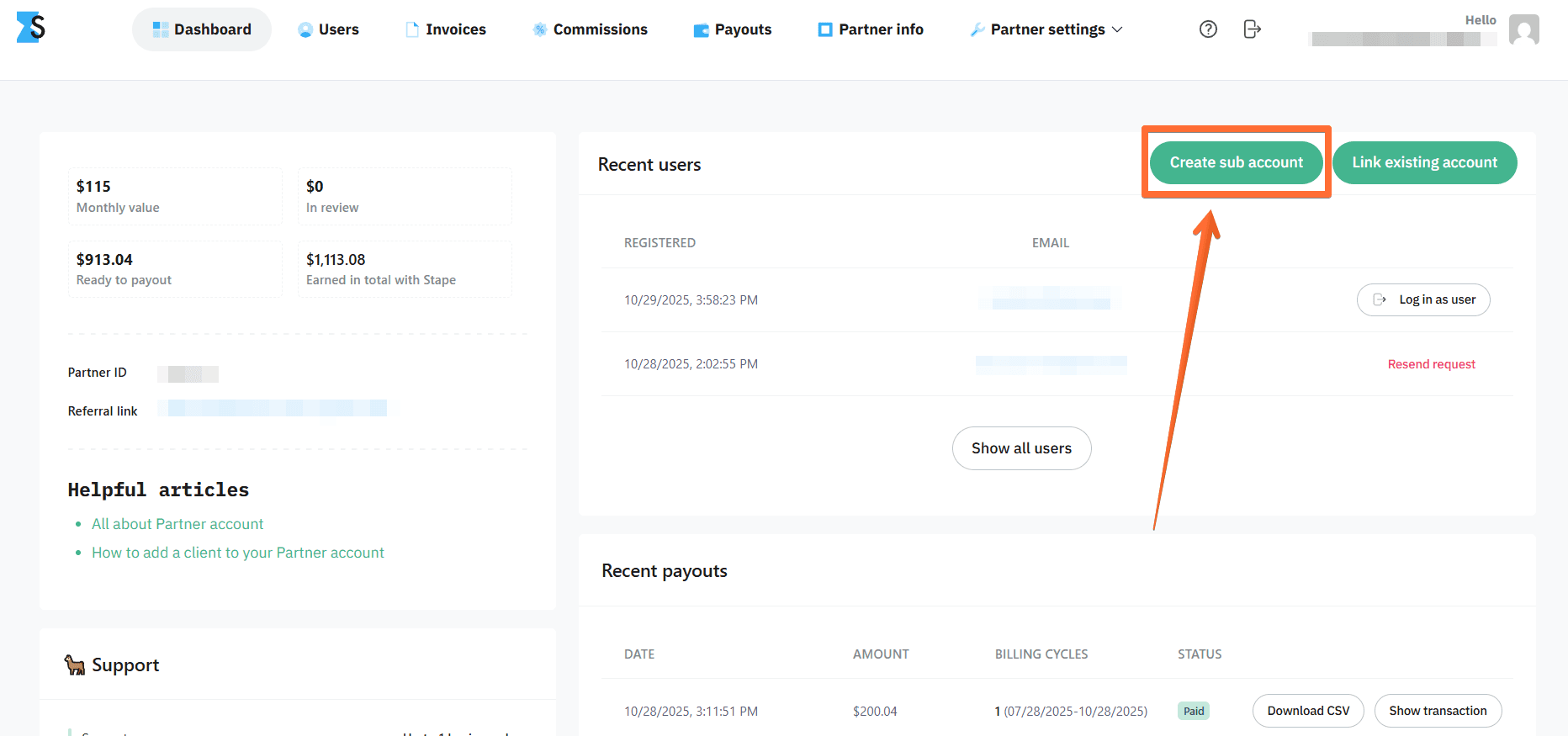 Click Create sub account to create Stape account for the user 